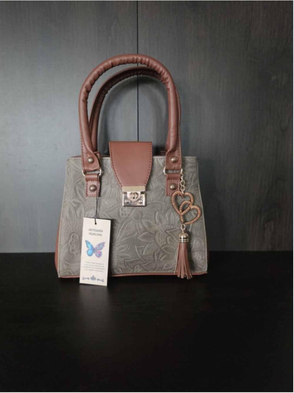 Gray Moss Green Tasseled Floral Embossed Tooled Artisan LEATHER Crossbody Purse - Picture 4 of 16
